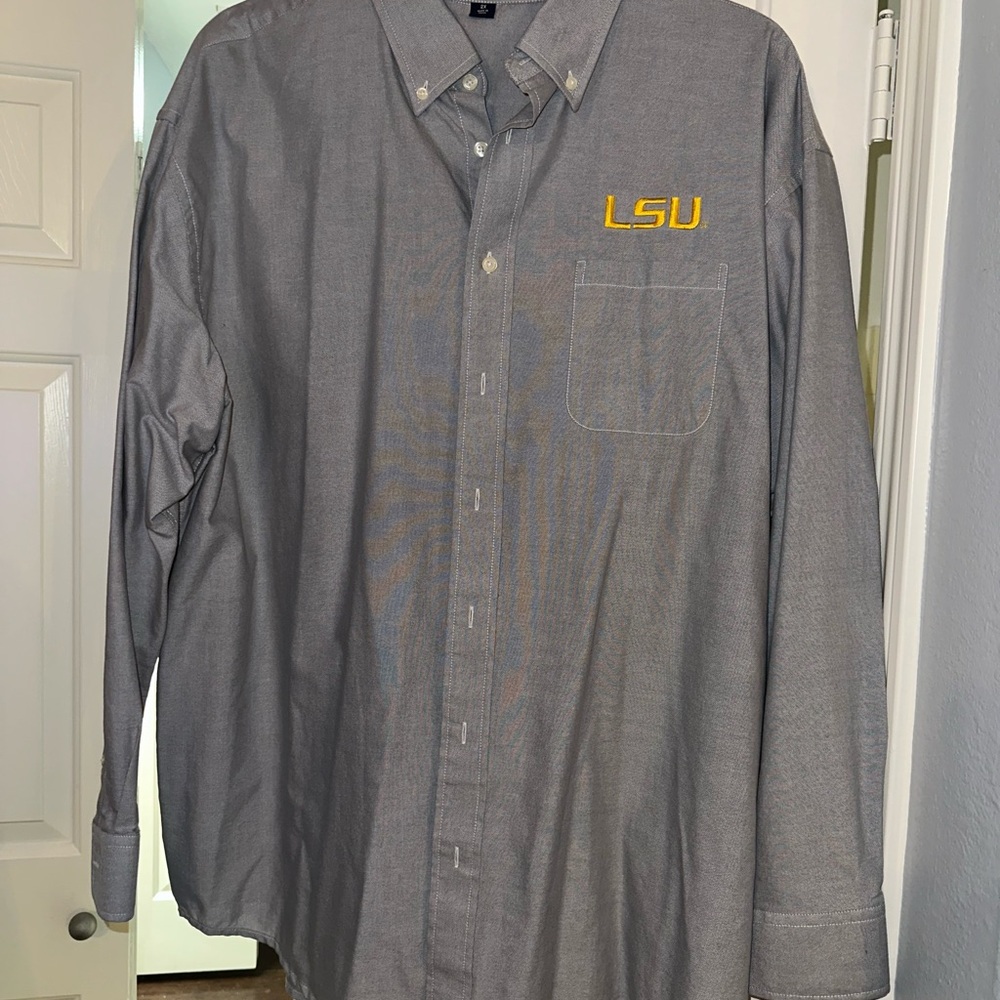 LSU Velocity Gray Button Down Shirt with stitched logo.